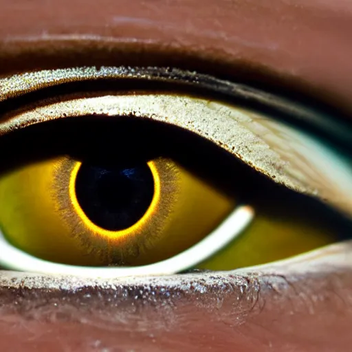 Prompt: close up of a golden eye, slitted pupil, high resolution photograph