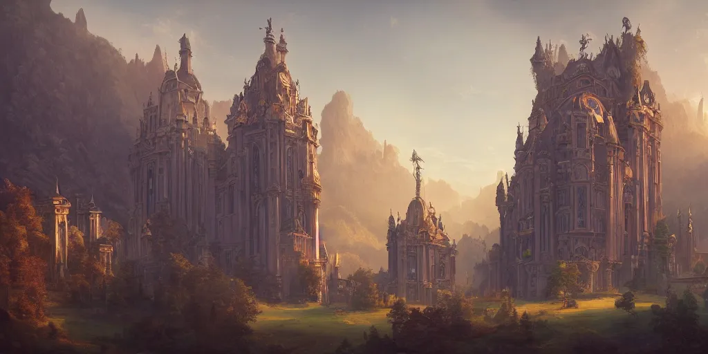 Image similar to a rococo palace in a valley, with a gigantic futuristic church and towers, fortress, morning, andreas rocha, artstation, matte painting