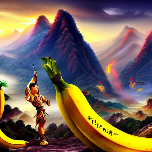 Image similar to Chinese president, bananas weapon, battle the dragon, centered, highly detailed, mountains, epic composition, background, fantasy art, 8k