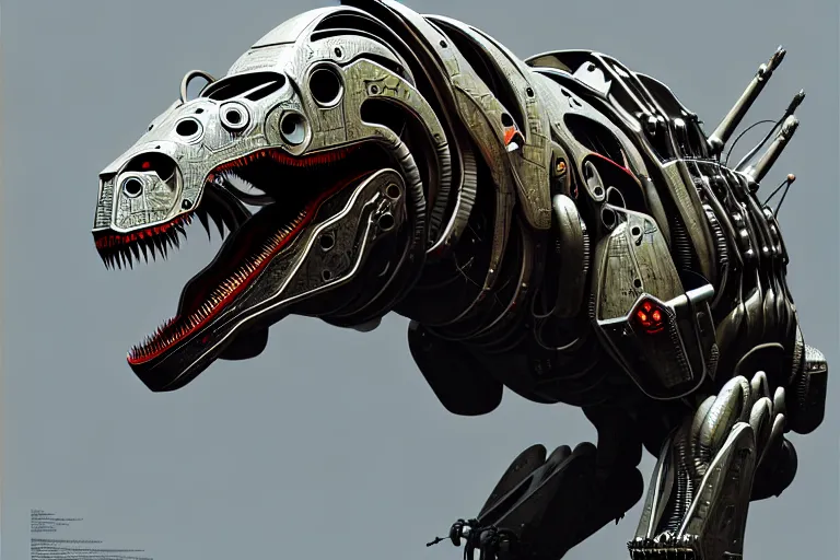 Image similar to trex in a cyborg mech suit, by alexandre ferra, zezhou chen, peter gric, mohamed reda and hr giger, hyper detailed, screen print, character concept art, hyperrealism, coherent, cgsociety, zbrush central, behance hd, hypermaximalist