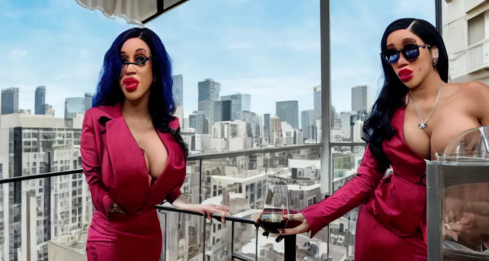 Image similar to Cardi B sipping on wine from her balcony, cinematic, Jackson Pollack, 4K, canvas