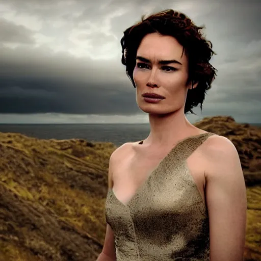 Image similar to full body photograph of Lena Headey as Helen of Troy, very beautiful, alluring expression, windy, coast in the background, dark sky, dramatic lighting