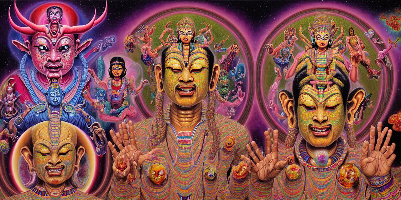 Prompt: realistic detailed image of a friendly figures of psychedelic buddhas, devils, barongs, hindu gods, egyptian gods, angels and demons and entities, dancing in the 5th dimensional toroidal field outer hyperspace by Alex Grey, by Ayami Kojima, Amano, Karol Bak, Greg Hildebrandt, and Mark Brooks. rich deep colors. Beksinski painting, part by Adrian Ghenie and Gerhard Richter. art by Takato Yamamoto. masterpiece