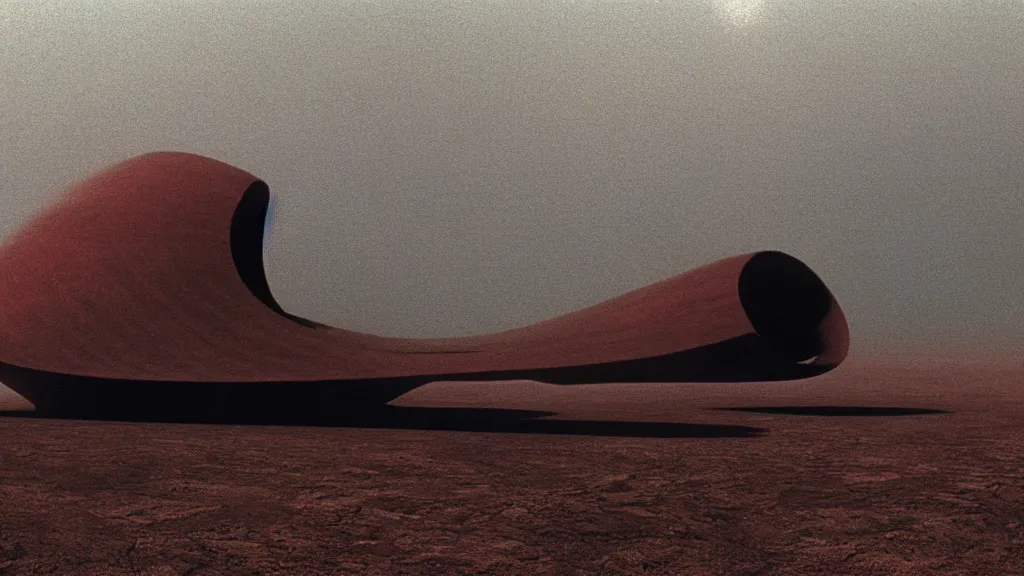 Image similar to movie still of a mysterious spaceship on a distant planet, directed by Denis Villeneuve, with art direction by Zdzisław Beksiński, wide lens