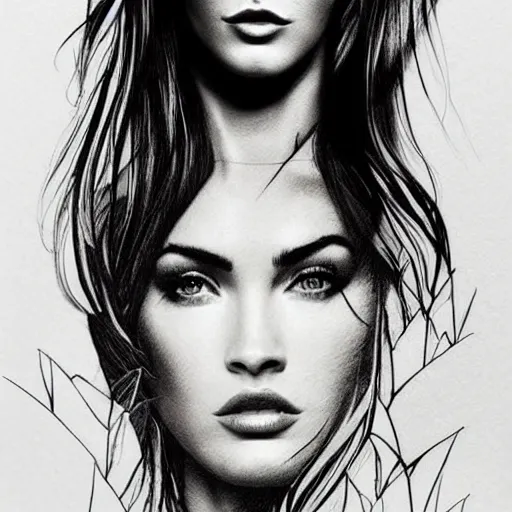 Image similar to tattoo design sketch with double exposure effect, megan fox face and beautiful mountain scenery, in the style of matteo pasqualin, amazing detail