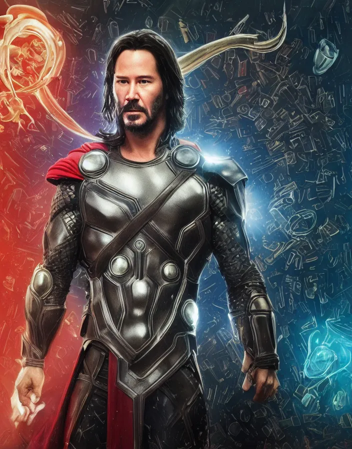 Prompt: Keanu Reeves as Thor from Thor Ragnarok by Roberto Ferri. Edison bulb. white plastic. human skull jellyfish butterfly phoenix head. burning water. baroque ornament details, intricate artwork by Tooth Wu and wlop and beeple and dan mumford and greg rutkowski. halo. octane render, cinematic, hyper realism, octane render, 8k, depth of field, bokeh. iridescent touch. vibrant. saturated. blade runner style