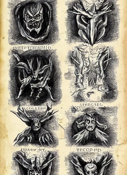 Image similar to a full page scan of detailed vintage illustrated instructions on how to decapitate a demon, handwritten, spells, intricate writing, satanic, evil, grimoire page, necronomicon style