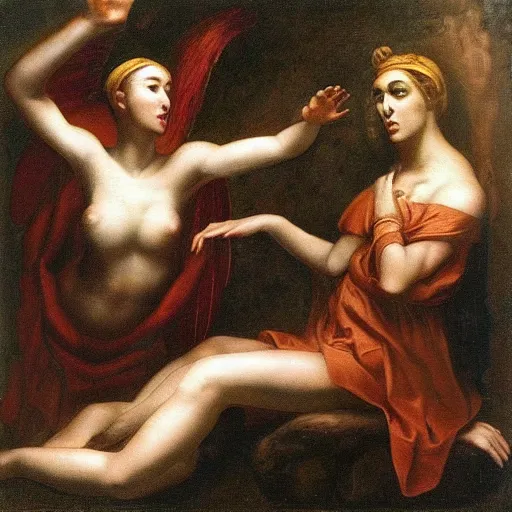 Image similar to “ eve and lilith arguing, biblical, realistic, vivid, artistic ”