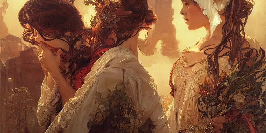 Prompt: epic portrait an festival happening in nightime of venice, intricate, full frontal shot, highly detailed, digital painting, artstation, concept art, sharp focus, illustration, art by artgerm and greg rutkowski and alphonse mucha