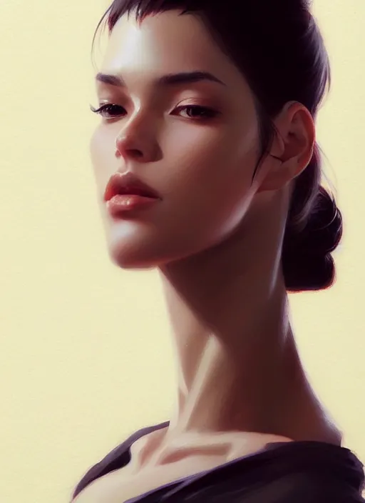 Image similar to 3 / 4 view of a portrait of woman, confident pose, intricate, elegant, sharp focus, illustration, highly detailed, concept art, matte, trending on artstation, anime, art by wlop and artgerm and greg rutkowski, ilya kuvshinov, strong strokes,