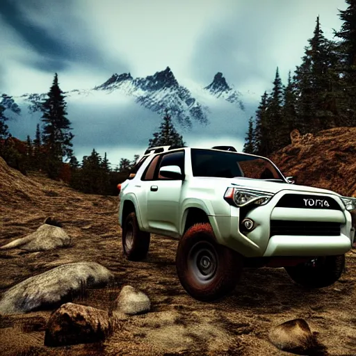 Prompt: Toyota 4Runner, Professional Photography, Skyrim, Off-roading, Mountain landscape, dirt, road, cinematic color, photorealistic, highly detailed wheels, highly detailed