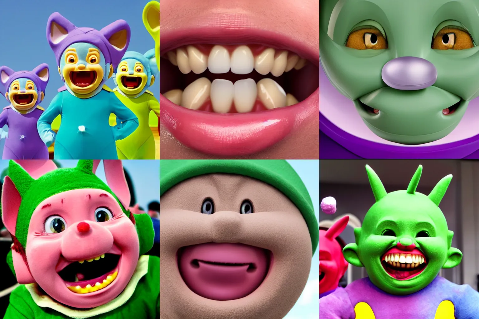 Prompt: a mouth with teeth with the shape of the teletubbies