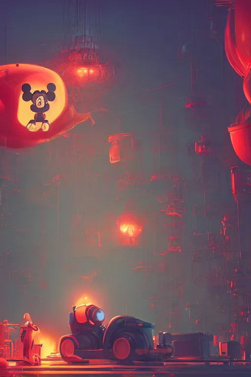 Prompt: bunch of mechanics working on big mickey mouse head, red glowing netflix logo behind, made by beeple, cgsociety, unreal engine, octane render, greg rutkowski, alphonse mucha, cinematic lighting, dark room, low light, sharp focus, 4 k highly detailed art