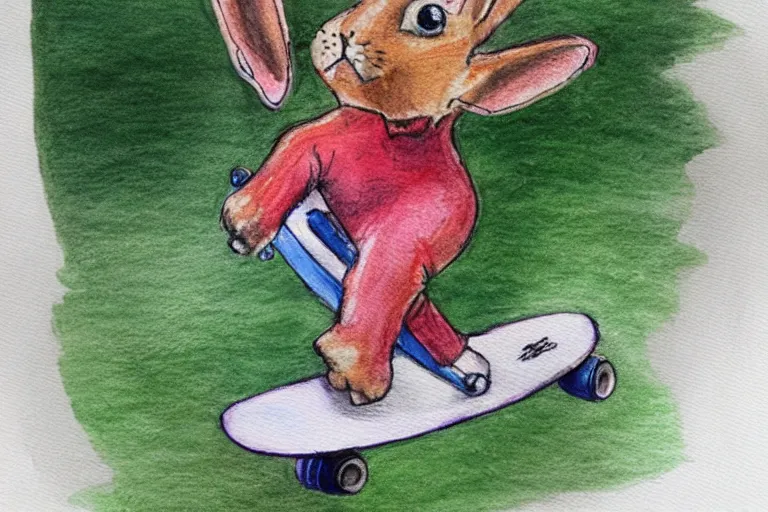 Image similar to a child's watercolor pencil painting of bunny playing skateboard.