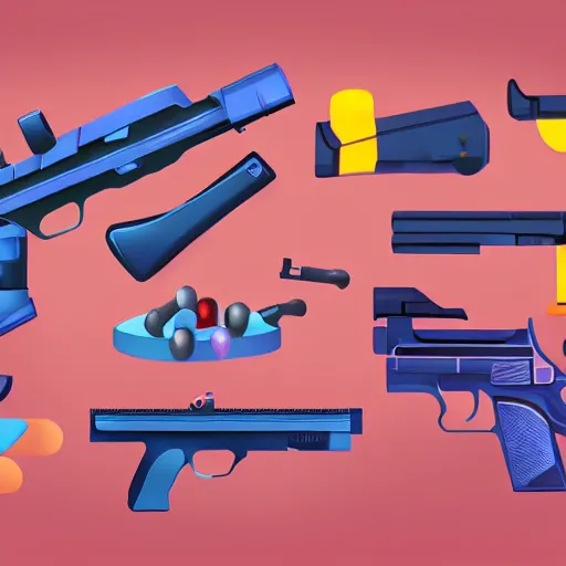 Prompt: toys like gun, great colors, soft lighting, mobile game, concept art