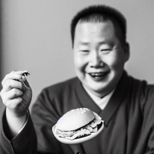 Image similar to a photo of a happy man from qing empire eating a hamburger, award winning photo, high quality