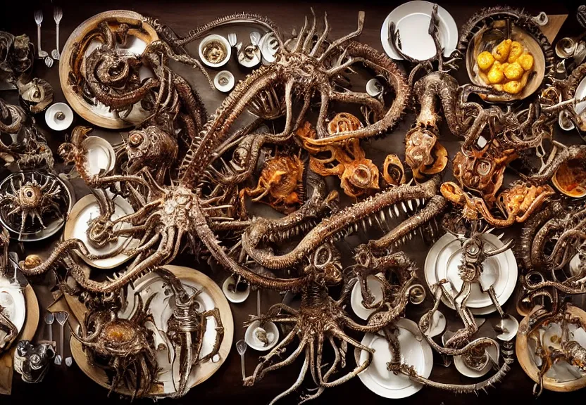 Prompt: an opulent banquet of food on a table covered with spiny robot octopus and spiny robot spiders and spiny robot beetles and huge metal animal skulls. biomechanical giger ’ s xenomorph. the thing. the blob. reclaimed lumber, detailed and intricate environment, hyperrealism, food photography, rembrandt