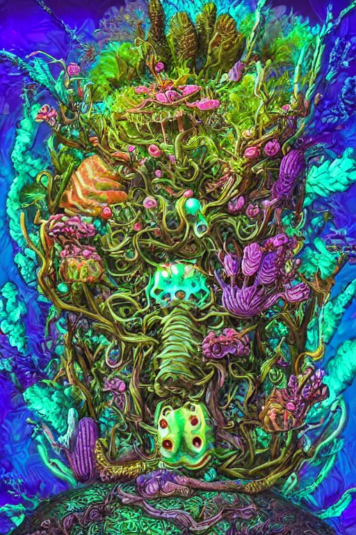 Image similar to creature sushi roots cactus elemental flush of force nature micro world fluo light deepdream a wild amazing steampunk baroque ancient alien creature, intricate detail, colorful digital painting radiating a glowing aura global illumination ray tracing