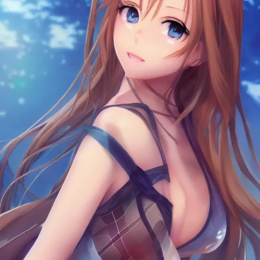 Image similar to a very beautiful mature yuuki asuna, full body, long wavy blond hair, sky blue eyes, full round face, bikini, miniskirt, front view, cute pose, highly detailed, cinematic wallpaper by stanley artgerm lau
