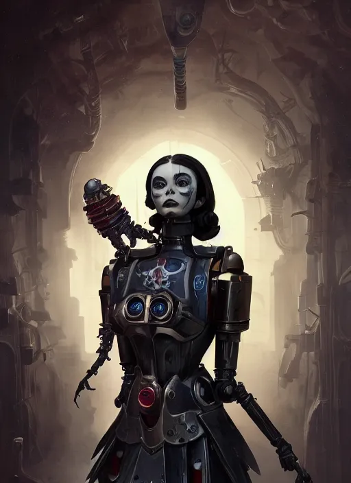 Image similar to hyper realistic photography of heroic warhammer machine robotic android girl, wednesday addams, cinematic, chaos marine, artstation, cgsociety, full body greg rutkowski, james gurney, mignola, craig mullins, brom redshift, vray, octane