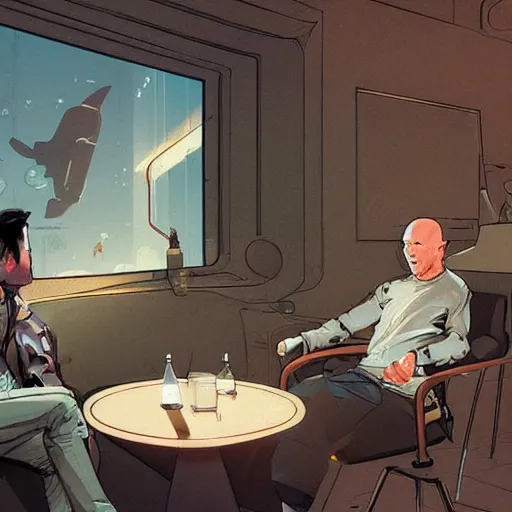 Image similar to cell shaded illustration of a meeting between elon musk, mark zuckerberg, jeff bezos, very detailled, by artgem, greg rutkowski, by atey ghailan, by greg tocchini, by james gilleard, by joe fenton, by kaethe butcher