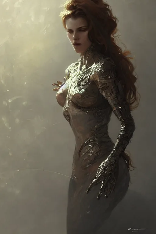 Image similar to woman with metal skin, fog, volumetric lighting, intricate, elegant, highly detailed, digital painting, artstation, concept art, smooth, sharp focus, art nouveau, art by raymond swanland and alphonse mucha