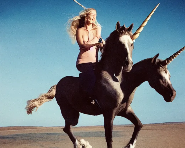 Image similar to photo of a woman riding a unicorn, photo by annie liebovitz