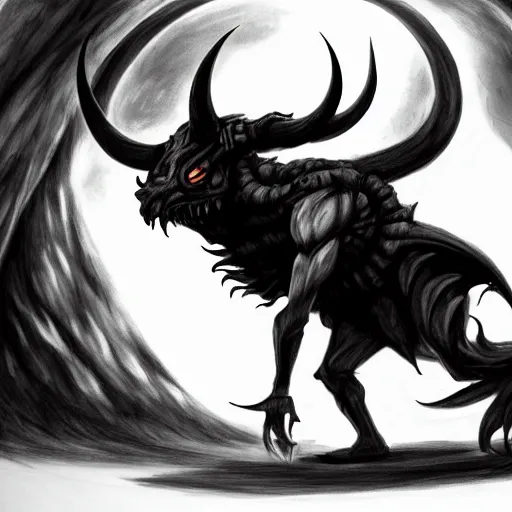 Image similar to full body grayscale drawing by Anato Finnstark of horned demon in heroic pose, swirling flames