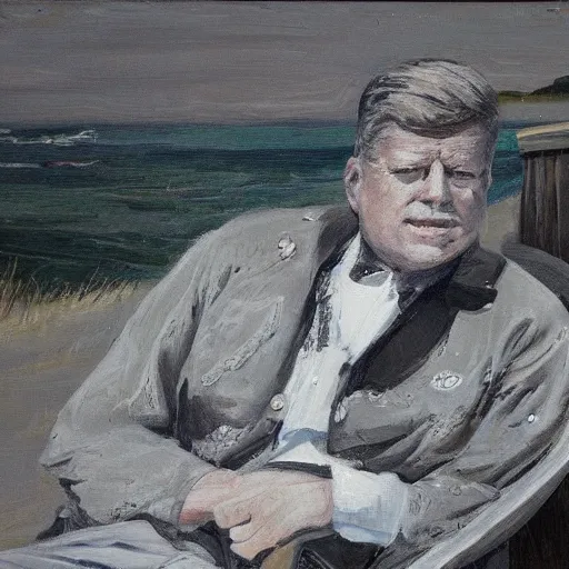 Prompt: portrait of john f kennedy, wrinkled, grey hair sitting on rocking chair, landscape of nantucket beach, dunes, ocean, bluff, handsome, hawaiian shirt, oil on canvas by william sidney mount - 1 9 8 2, trending on artstation