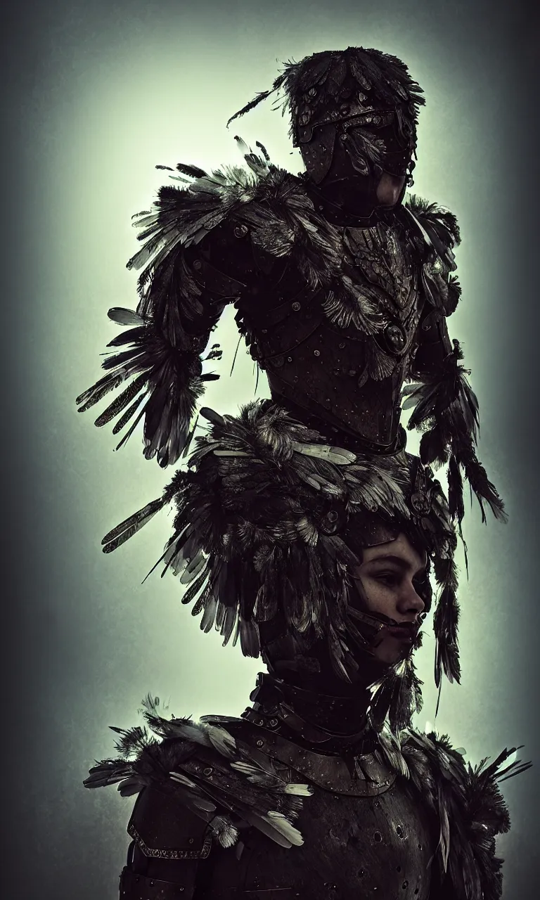 Image similar to an astonishing warrior wearing an armor made of feathers, strange energy emitting through body, scars on face, volumetric lighting, scary eyes, digital art,
