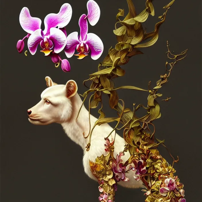 Image similar to animal made of orchid, diffuse lighting, fantasy, intricate, elegant, highly detailed, lifelike, photorealistic, digital painting, artstation, illustration, concept art, smooth, sharp focus, art by John Collier and Albert Aublet and Krenz Cushart and Artem Demura and Alphonse Mucha