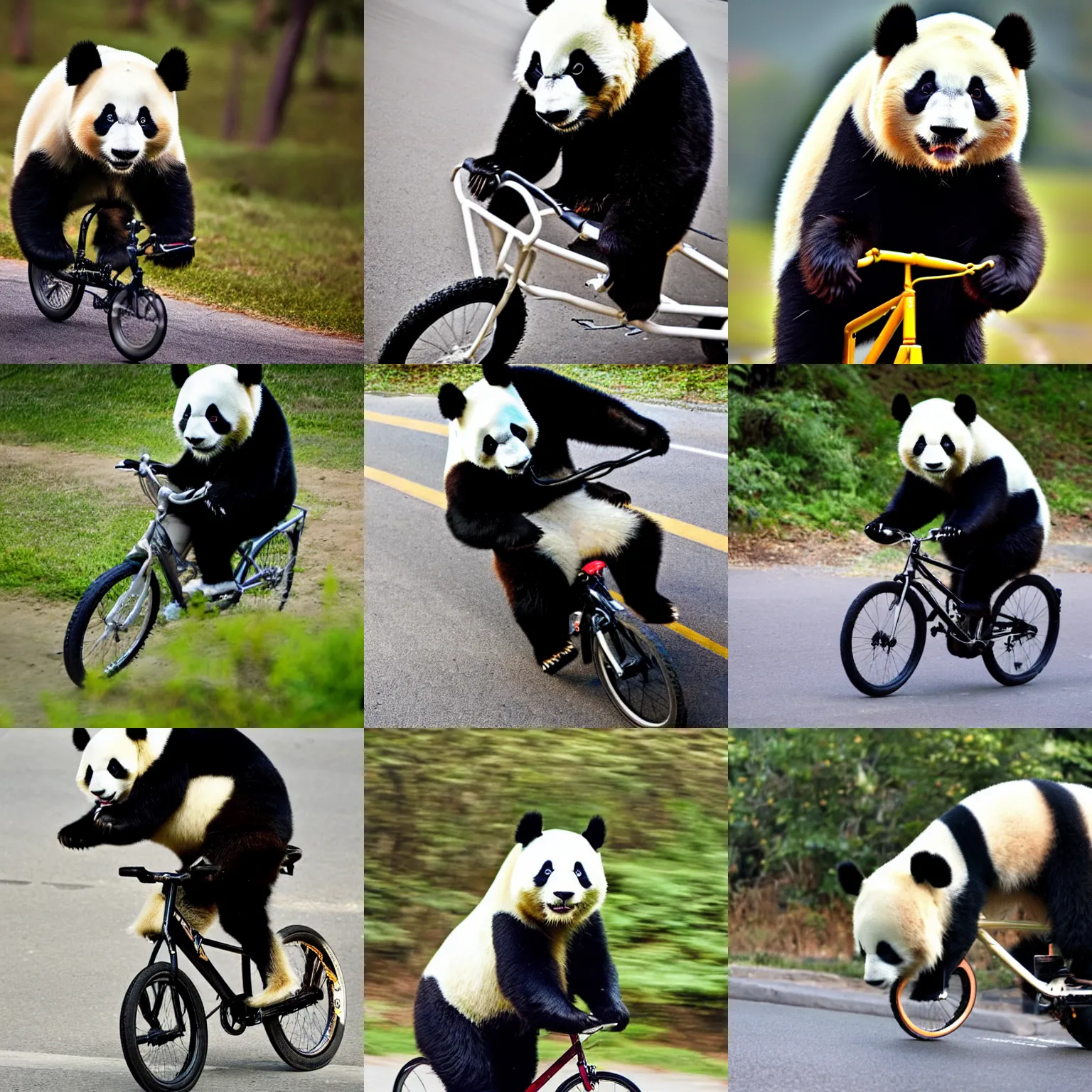 Prompt: a photo of a panda riding a bike, professional photography, award winning, high quality