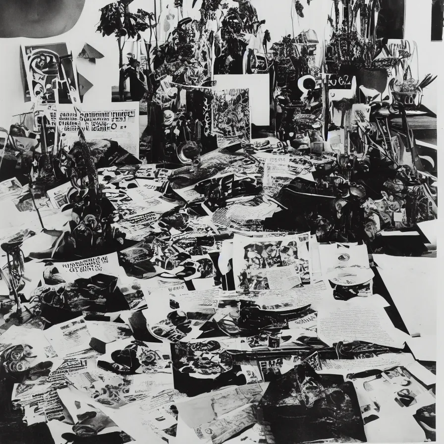 Image similar to A black and white photography of an exhibition space with objects of Sun Ra, Marcel Duchamp and tropical plants, 60s, offset lithography print, newspaper, detail