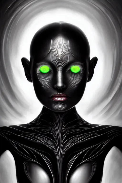 Image similar to Supermodel woman turning into an Android portrait, dark surrealism , scifi, intricate design, elegant, sharp black eyebrows, ornate long flowing platinum neon blonde hair and small black streaks, highly detailed cybernetic body, glowing eyes, digital painting, artstation, concept art, smooth, sharp focus, illustration, art by Artgerm and moebius and Peter Mohrbacher