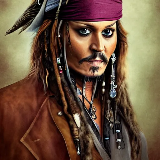 Image similar to portrait of johnny depp as captain jack sparrow, highly detailed, centered, solid color background, digital painting