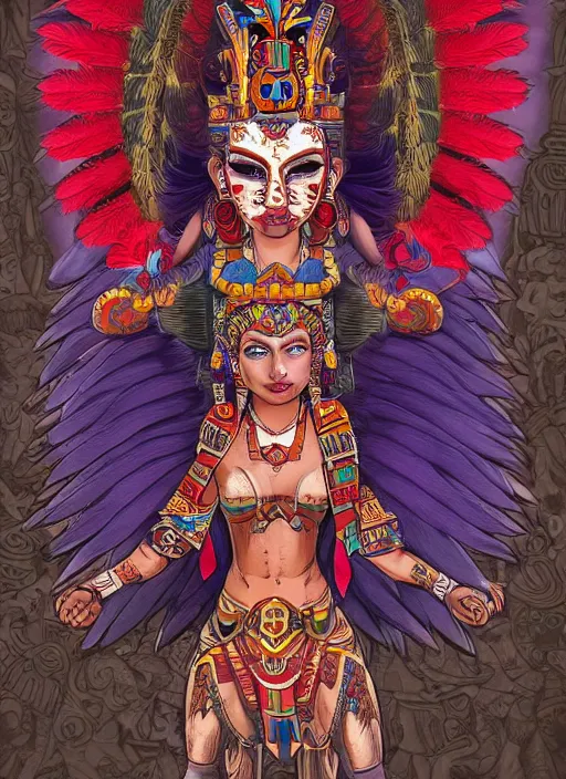 Image similar to character design, full body view, head to feet view, beautiful aztec warrior, muse goddess, crown of very long quetzal feathers, glowing aztec tattoos, pretty, dark fantasy