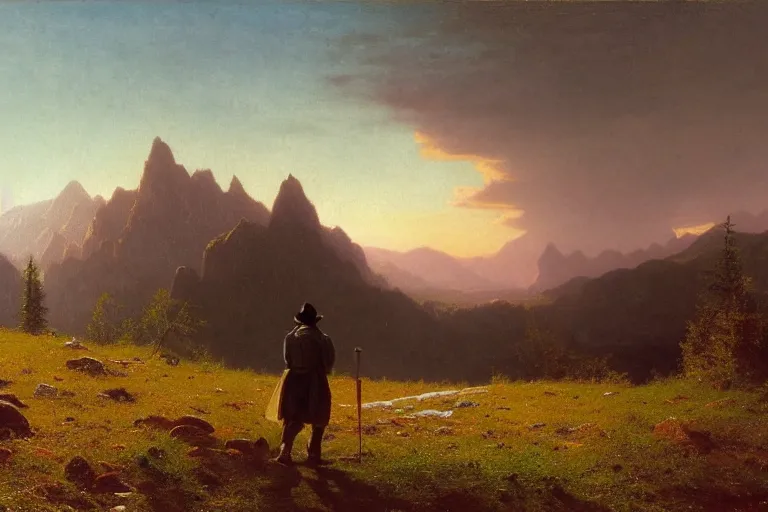 Image similar to a traveler wandering trough the mountains looking at the clouds, hyperdetailed, focused, oil painting, cinematic lighting, albert bierstadt, trending on artstation, colorful, canvas, sunset, hans dahl, theodor kittelsen, hermann hendrich, national geographic, Konstantin Yakovlevich Kryzhitsky, beautiful nature