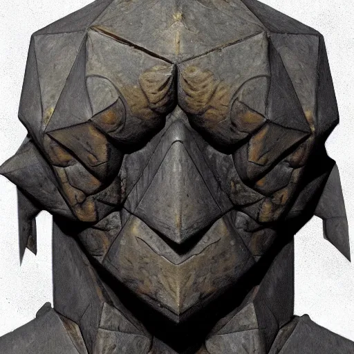 Image similar to Golem with a 12 side polyhedron head. Dark Fantasy, concept art, Bloodborne style