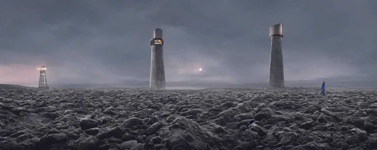 Prompt: a concrete tower with several power cables coming from the top of the tower and going out of frame, the tower stands in a icelandic beach, cloudy day, blue hour, by filip hodas, by simon stalenhag, cinematic, dramatic light concept art, matte painting, trending on artstation, dystopia, cyberpunk