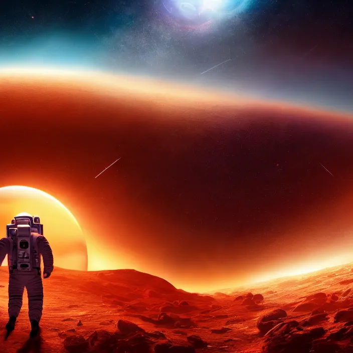 Image similar to a astronaut walking on a alien planet with a red giant galaxy appearing in the sky, digital art, concept art, trending on DeviantArt, highly detailed, high quality, 8K HDR, cinematic lighting, breathtaking image