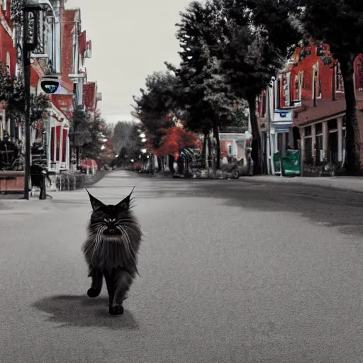 Image similar to a maine coon in maine walking down main street, 4 k, digital illustration,