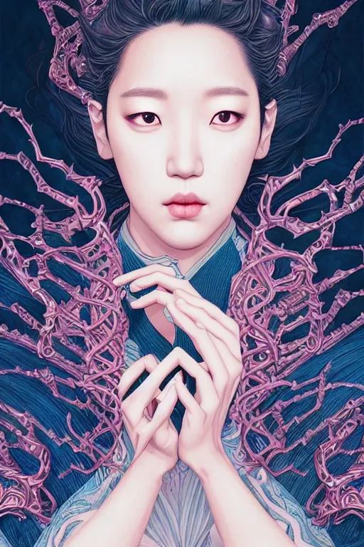 Image similar to Park Shin Hye as a super villain, luxurious, fantasy, intricate, elegant, highly detailed, digital painting, artstation, concept art, matte, sharp focus, illustration, art by WLOP and Hokusai and James Jean, masterpiece, Refined, upscaled