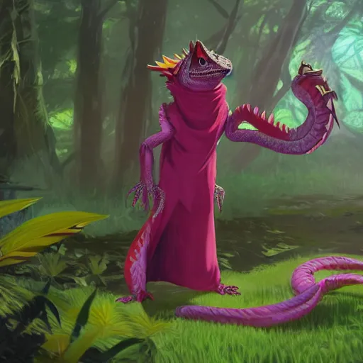 Prompt: concept art painting of an anthropomorphic bearded dragon scalie wearing magenta wizard robes, in the deep forest, realistic, detailed, cel shaded, in the style of makoto shinkai and greg rutkowski and james gurney