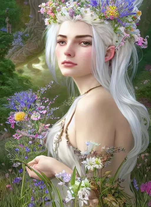 Image similar to highly detailed ilustration of a beautiful white haired woman as a fairy princess in a garden holding a bunch of wild flowers, deep focus, d & d, fantasy, intricate, elegant, highly detailed, digital painting, artstation, concept art, matte, sharp focus, illustration, hearthstone, art by artgerm and greg rutkowski and alphonse mucha and marco mazzoni