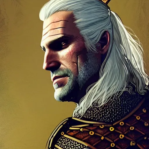 Prompt: beautiful and detailed portrait of geralt from the witcher 3, profile view, side view, calm, white hair in a half ponytail, forehead - scar, kaer morhen armor, brown mosaic background, stained glass art, by alphone mucha, very masterful