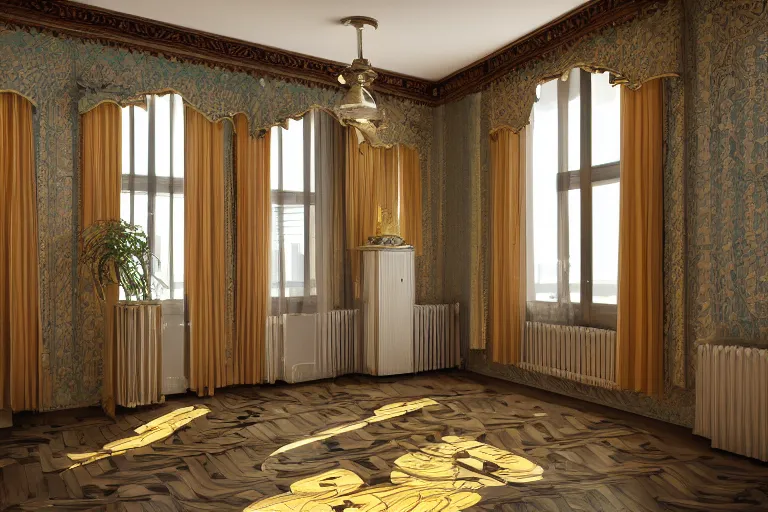 Prompt: interior photo of a flat with a mix of art deco and art nouveau, 3 d render, award winning, digital photograph, telephoto lens, national geographic, highly detailed, afternoon lighting, high contrast, intricate, classy, elegant, sharp focus, artstation, smooth, striking image