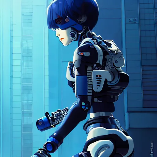 Prompt: cyborg - girl breaking into pieces as it walks down a street, highly detailed, painting, dark blue and black color palette, intricate, high quality anime artstyle, in the style of ilya kuvshinov