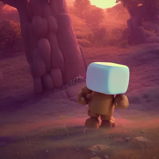 Image similar to A Marshmallow Golem wandering a candy landscape, mystical, mysterious, magical, Octane Render, Raytracing