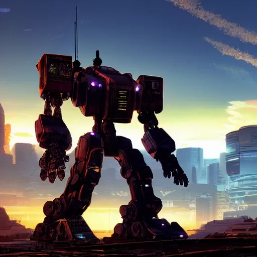 Prompt: A real photo of a giant mechwarrior robot and the sunset in the distance, by Josan Gonzalez, Yoji Shinkawa and Geof Darrow, highly detailed, Unreal Engine Render, 3D, 8k wallpaper