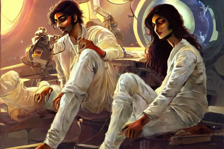 Image similar to Sensual good looking pale young Indian doctors wearing jeans in a space station above Earth performing surgery, portrait, elegant, intricate, digital painting, artstation, concept art, smooth, sharp focus, illustration, art by artgerm and greg rutkowski and alphonse mucha